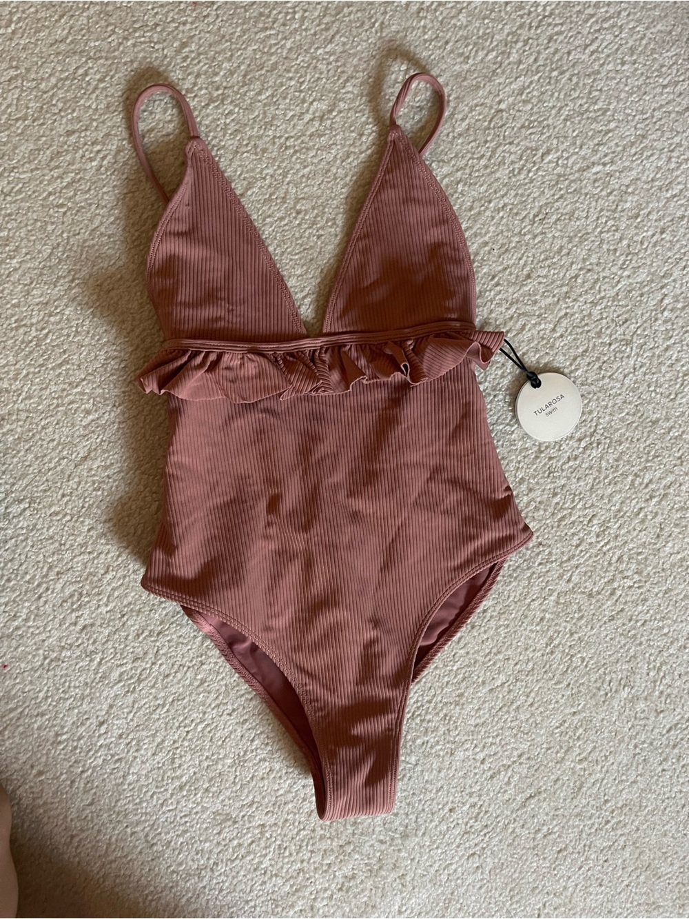 Tularosa Ribbed Mauve One-Piece Swimsuit with Ruffle Trim